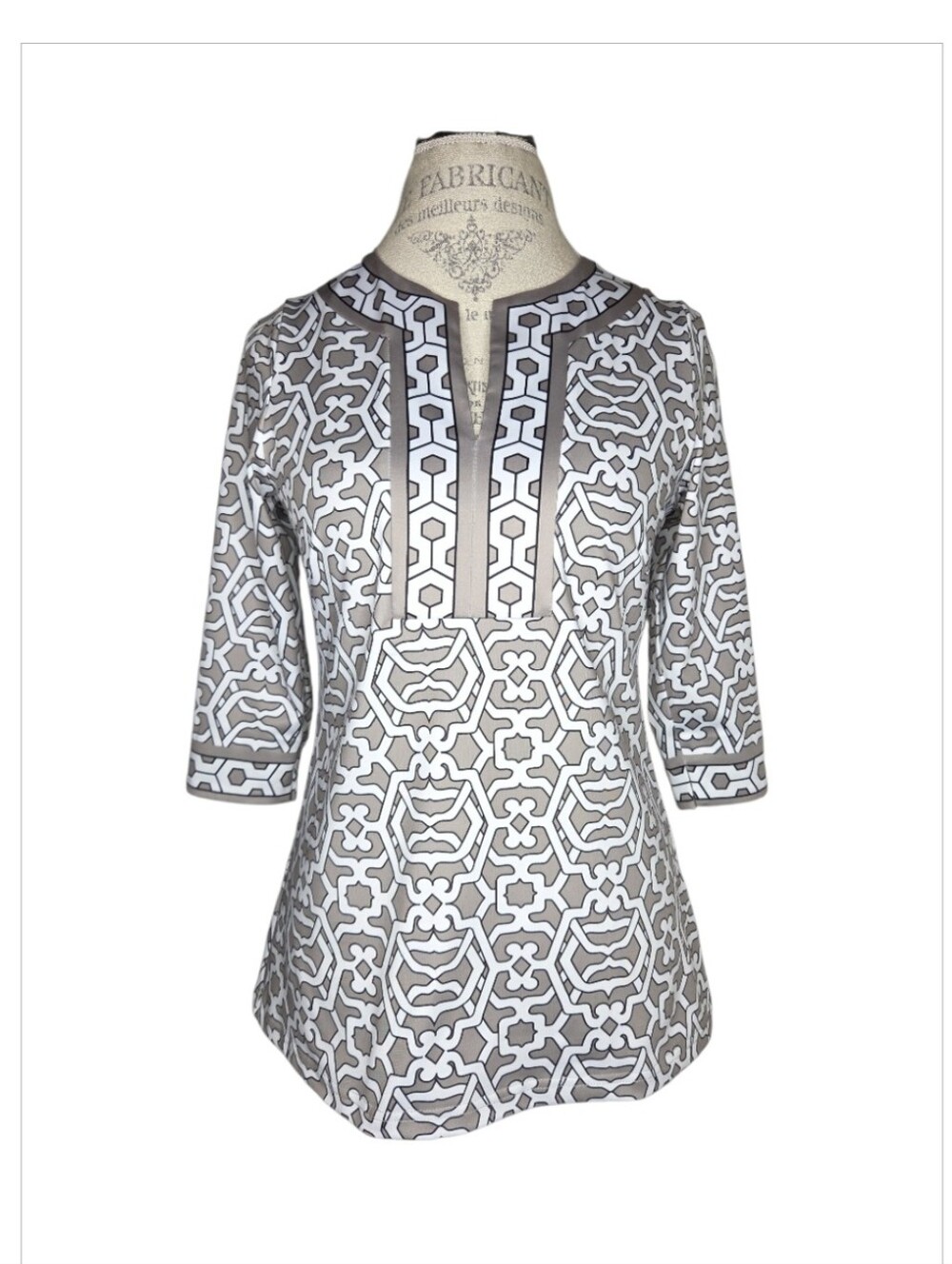 Gretchen Scott Henri Split Neck Tunic Taupe & White Moroccan Print Size XS